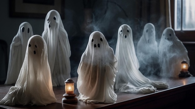 Fantasmi fantasma in una stanza buia con fumo che esce da loro