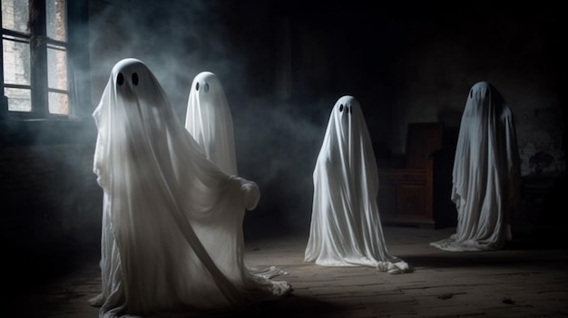 Fantasmi fantasma in una stanza buia con un uomo in abito bianco e una donna in abito bianco.