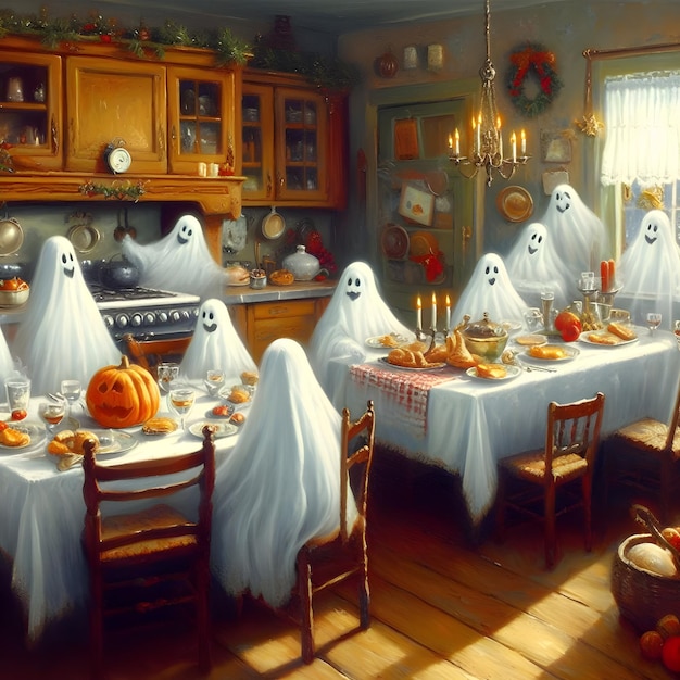 Fantasmi in una cucina vintage che si godono il Natale