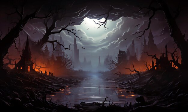 Fantasmi nei boschi nella foresta al chiaro di luna di notte Halloween