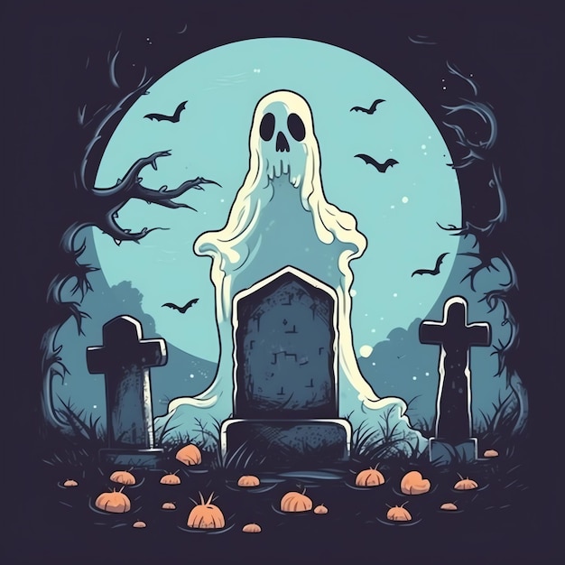 Fantasmi sul concetto di celebrazione di Halloween in un cimitero o in una foresta di notte in stile cartoon Halloween