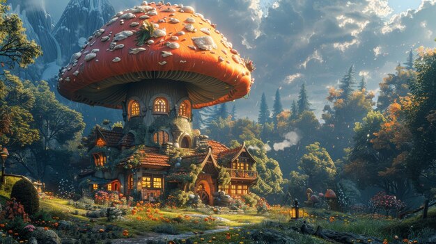 Fantastic Cartoon Style Scene Wallpaper Background Design con una terra fantastica un grande fungo e una casa in mezzo