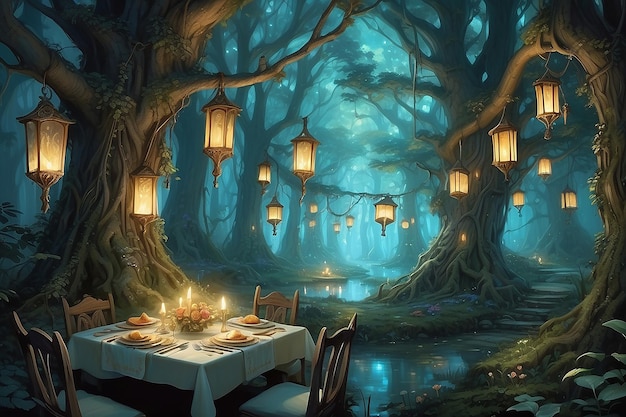 Fantastic Forest Dining Elfs Enchanted Trees e Ethereal Glowing Food