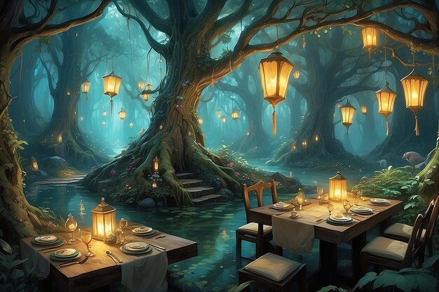 Fantastic Forest Dining Elfs Enchanted Trees e Ethereal Glowing Food