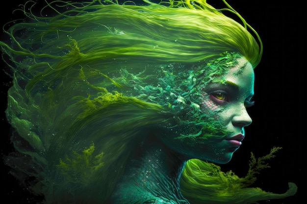 Fantastica creatura sottomarina con capelli verde brillante a forma di sirena