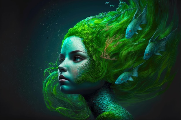 Fantastica creatura sottomarina con capelli verde brillante a forma di sirena