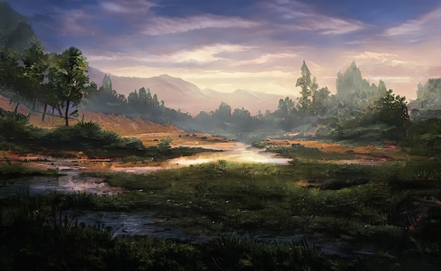 Fantastica Epic Magica Paesaggio di montagne Estate Natura Foresta mistica Gioco RPG Sfondo