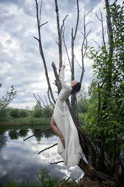 Fantastica fata bella donna in abito lungo bianco sul vecchio albero secco. Principessa della ragazza nella palude. Ragazza sexy del modello di moda che posa su un albero sul lago. Fiaba