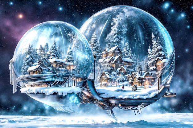 Fantastica illustrazione della celebrazione del Natale nello spazio su un pianeta alieno