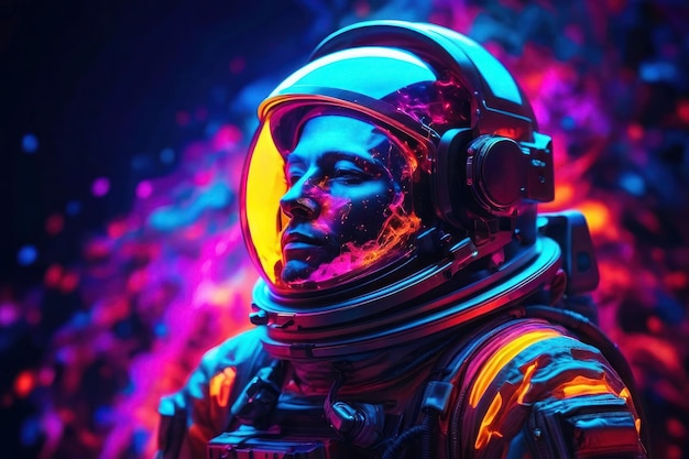 Fantastica illustrazione in primo piano del viso di un astronauta in piedi sullo sfondo del bagliore al neon