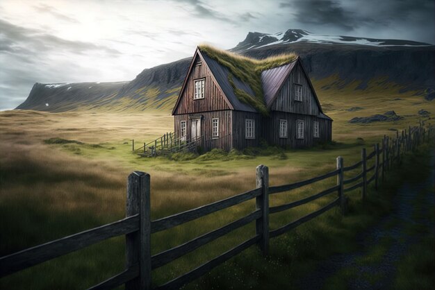 Fantastica immagine paesaggistica islandese di una casa di legno in un prato