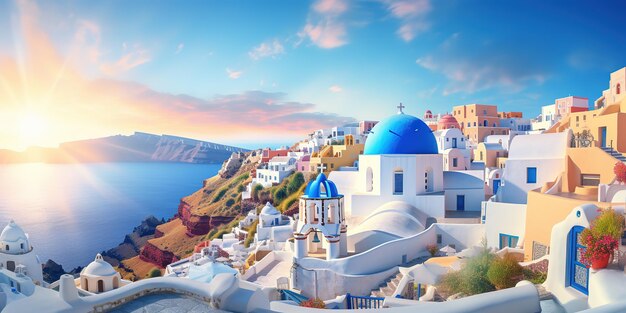 Fantastica isola mediterranea di Santorini, in Grecia, un'incredibile e romantica alba sullo sfondo di Oia.