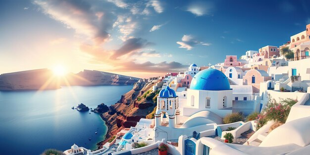 Fantastica isola mediterranea di Santorini, in Grecia, un'incredibile e romantica alba sullo sfondo di Oia.