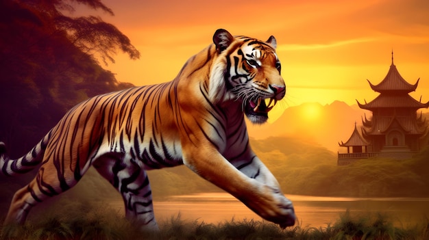 Fantastica tigre al bellissimo tramonto nella storia asiatica generata dall'intelligenza artificiale