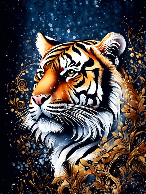 Fantastica tigre con ornamenti blu e dorati AI Illustrazione