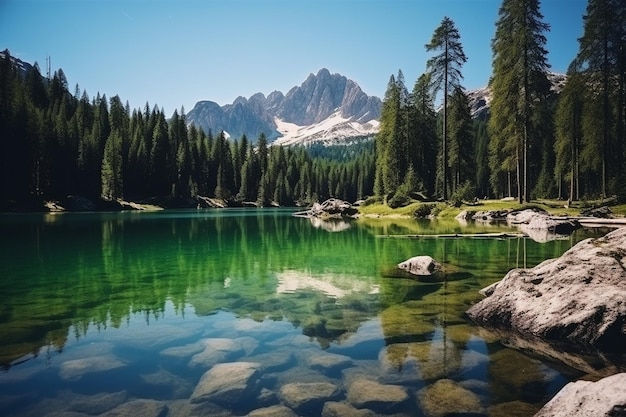 Fantastica vista del paesaggio della catena montuosa delle Dolomiti che si riflette su un calmo lago alpino in Italia