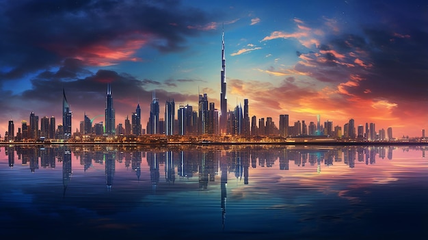 fantastica vista sullo skyline di Dubai la sera con il cielo drammatico