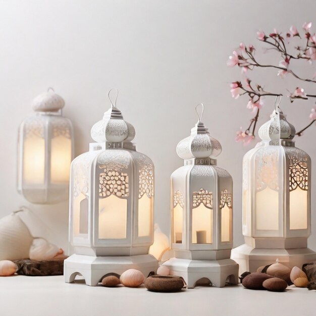 Fantastiche lanterne di carta 3D illuminano lo sfondo bianco