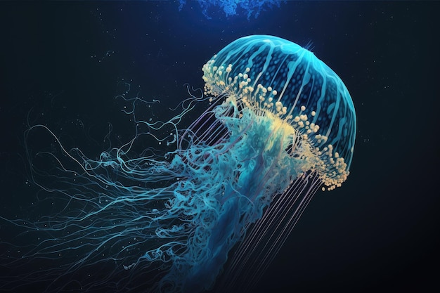 Fantastiche meduse nello spazio che galleggiano su sfondo blu creato con intelligenza artificiale generativa