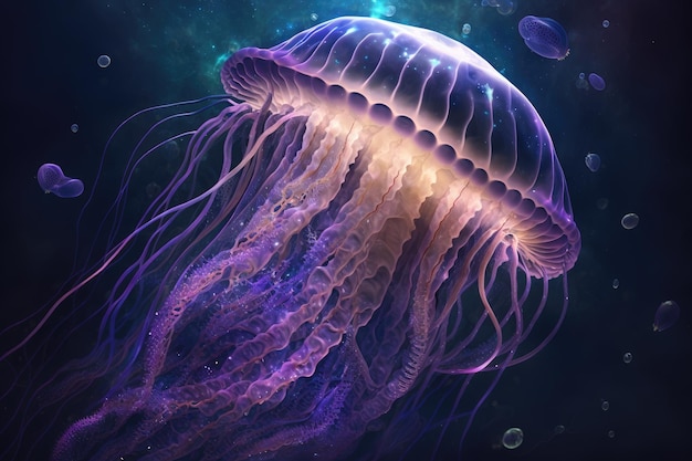 Fantastiche meduse nello spazio con colore viola blu e squame lucenti create con intelligenza artificiale generativa