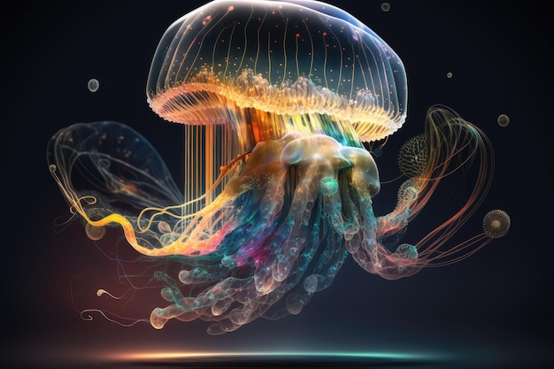 Fantastiche meduse nello spazio con tentacoli trasparenti su sfondo scuro