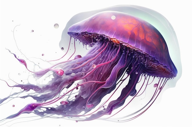 Fantastiche meduse nello spazio con tentacoli viola isolati su sfondo bianco creato con generat