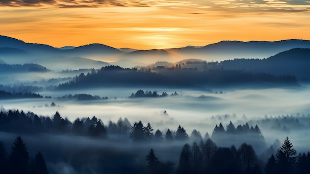 fantastico banner di sfondo panoramico da un paesaggio nebbioso