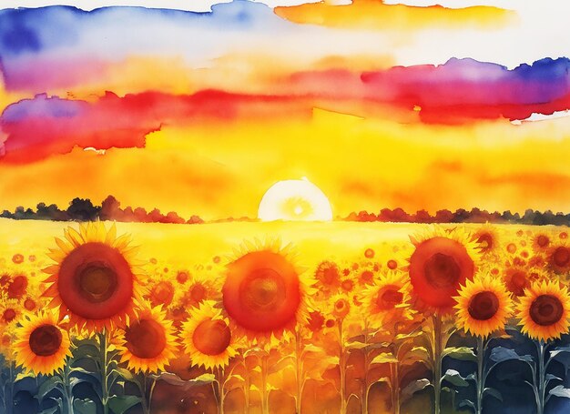 fantastico campo di girasole astratto multicolore con pittura al tramonto su carta immagine ad acquerello HD