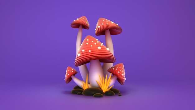 Fantastico cartone animato funghi amanita su sfondo viola rendering 3D