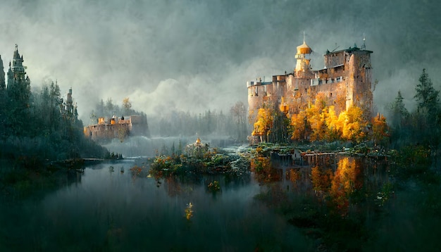 Fantastico castello bianco sul lago alla rete neurale di mattina nuvolosa autunnale generata arte