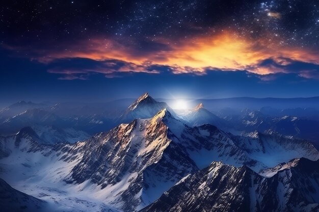 Fantastico cielo stellato Paesaggio autunnale con neve e montagne Immagine bella illustrazione
