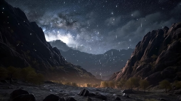 Fantastico cielo stellato Paesaggio autunnale e cime innevate Cresta principale del Caucaso