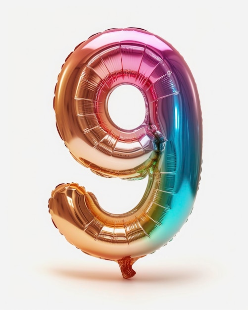 Fantastico colorato luminoso e vibrante palloncino di carta di compleanno in forma sul numero 9 isolato sul bianco