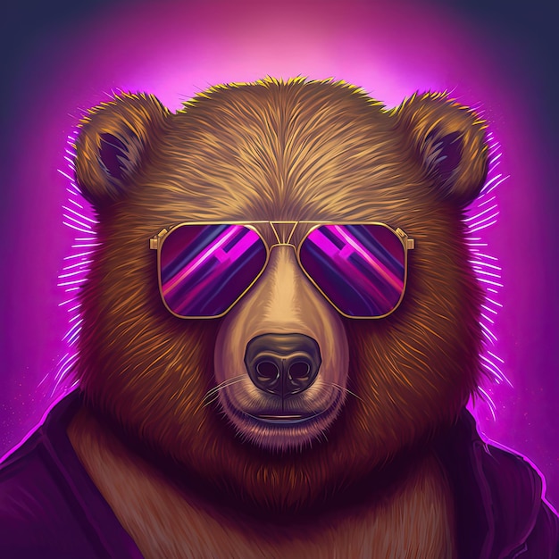 Fantastico orso da festa al neon con occhiali da sole IA generativa Non basato su scene reali