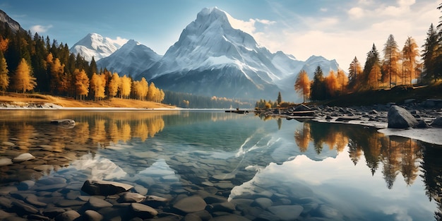 Fantastico paesaggio autunnale con lago alpino e montagne innevate