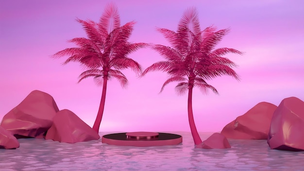Fantastico paesaggio con acqua di podio albero di cocco Viva colore magenta sfondo 3d rendering