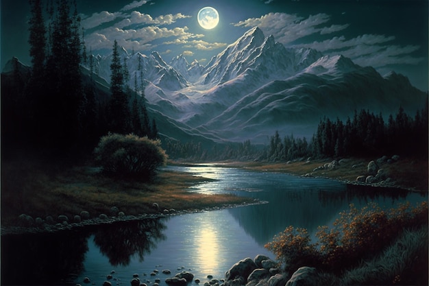 fantastico paesaggio dipinto di foresta al chiaro di luna e fiume 2