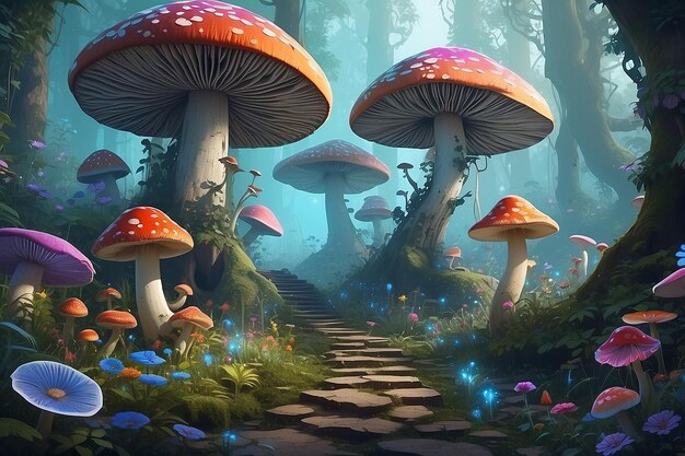 Fantastico paesaggio forestale del Paese delle Meraviglie con funghi e fiori