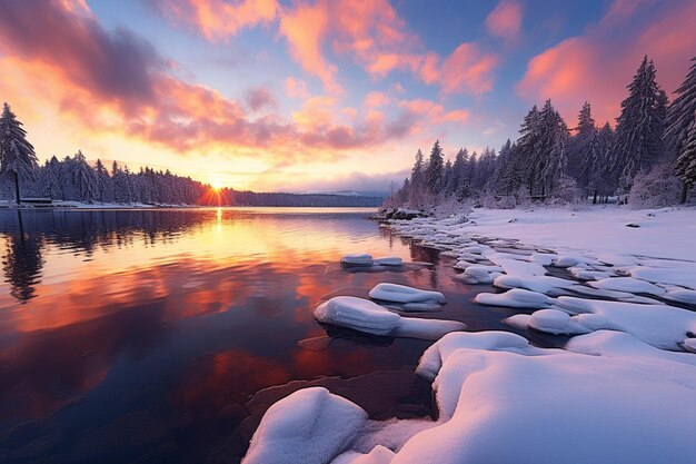 Fantastico paesaggio invernale con un lago ghiacciato