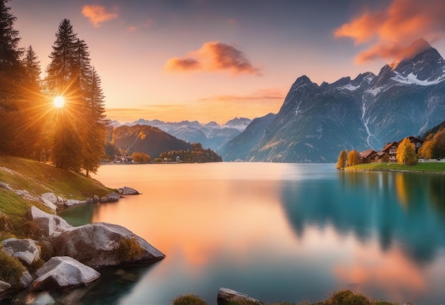 Fantastico paesaggio montano serale Pittoresco tramonto autunnale nelle alpi svizzere