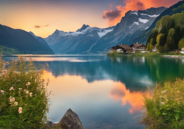Fantastico paesaggio montano serale Pittoresco tramonto autunnale nelle alpi svizzere