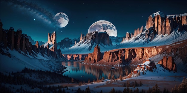 Fantastico paesaggio notturno montagne vicino all'acqua