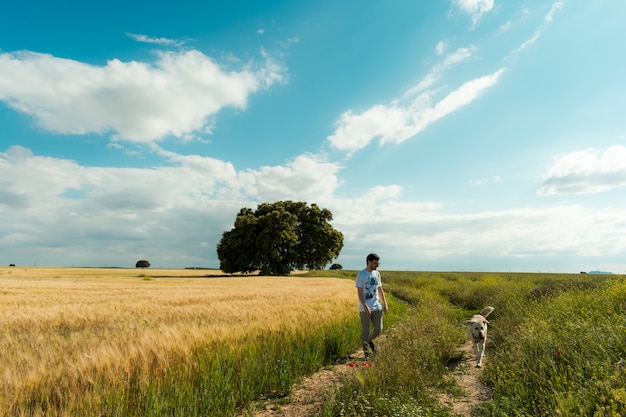 Fantastico paesaggio primaverile con una persona e un cane