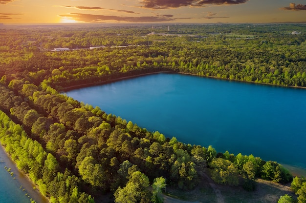Fantastico panorama estivo del lago vista aerea di una tra la foresta di alberi sopra