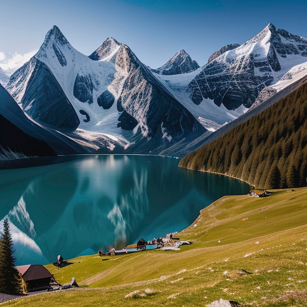 Fantastico panorama serale del lago Bachalp in Svizzera