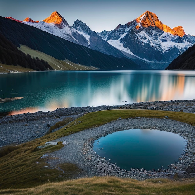 Fantastico panorama serale del lago Bachalp in Svizzera