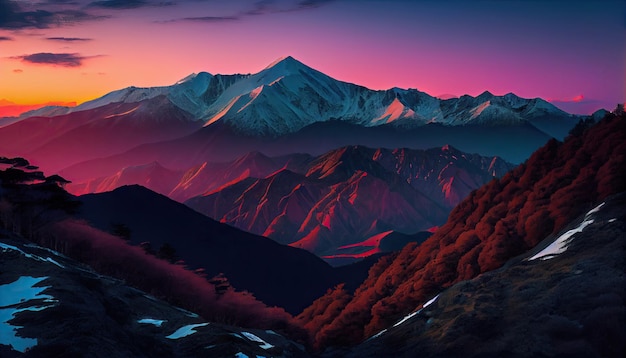 Fantastico panorama serale di montagne filtrate dai colori pastello con la tecnologia generativa AI