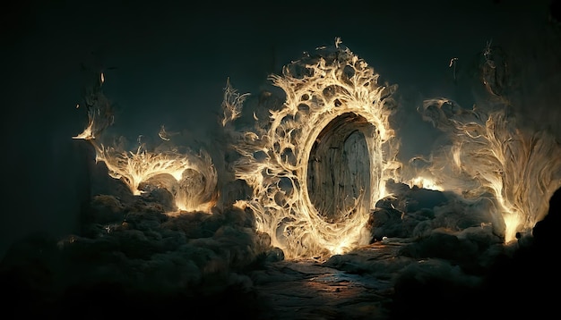 Fantastico portale circondato da schizzi di fuoco in una grotta oscura