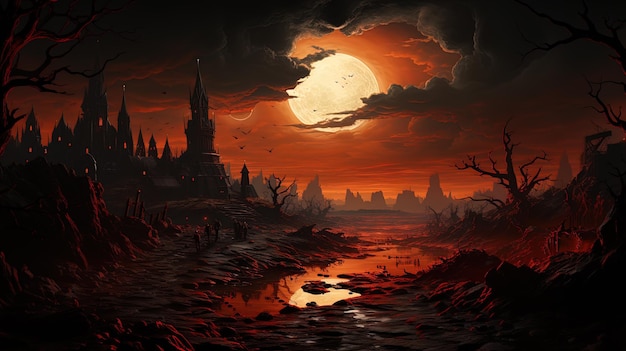 Fantastico sfondo notturno paesaggio spettrale per l'arte generativa di Halloween Ai