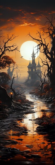 Fantastico sfondo notturno paesaggio spettrale per segnalibro di Halloween Ai arte generativa